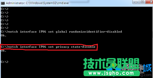输入命令“netsh interface IPV6 set privacy state=disable